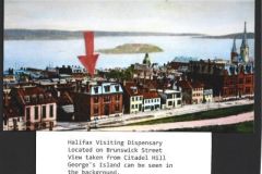 Photo-of-the-Halifax-Visiting-Dispensary-with-red-arrow-pointing-to-it-and-Georges-Island-shown-in-the-background